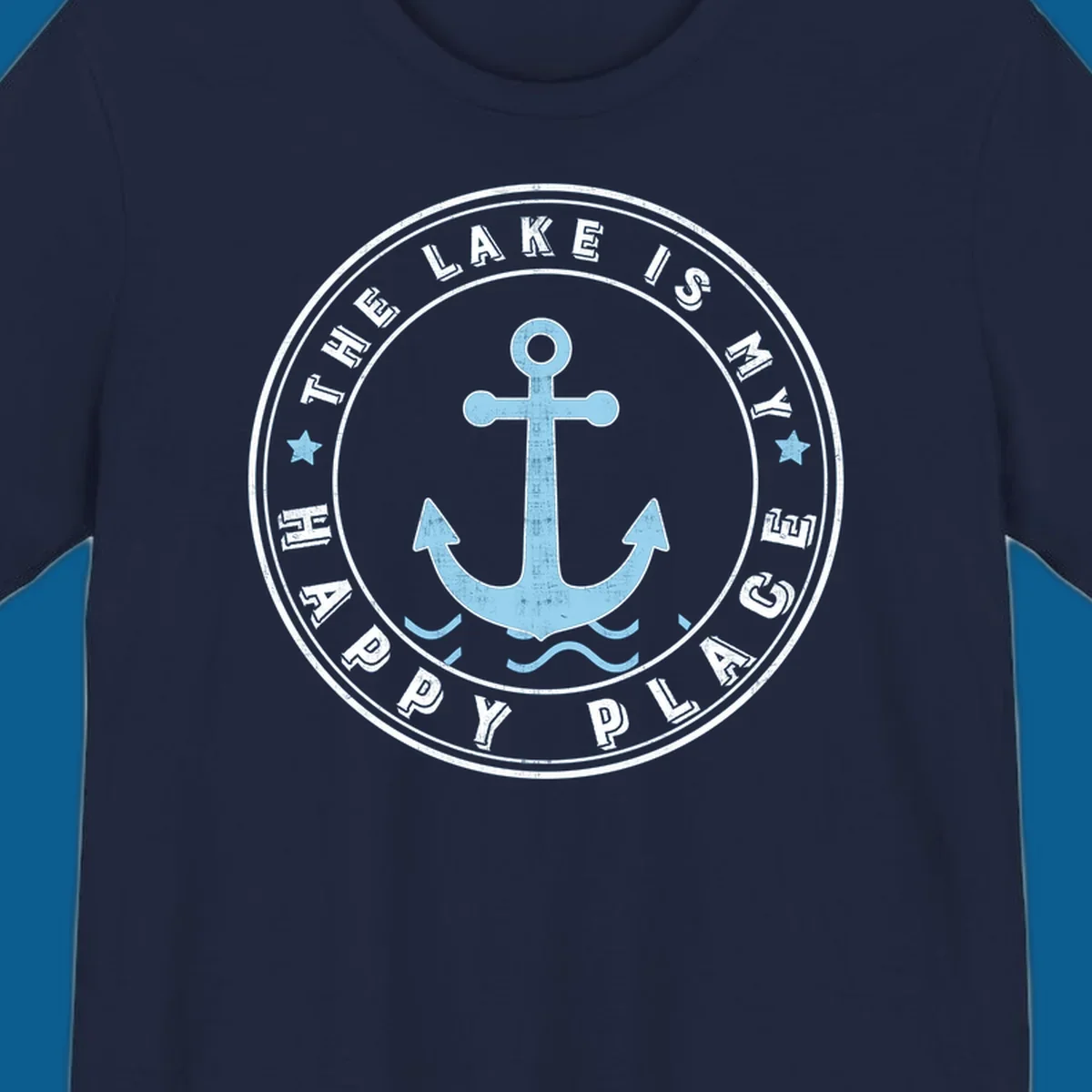 Circular badge with anchor and text 'The Lake Is My Happy Place', lake-happy-place concept.