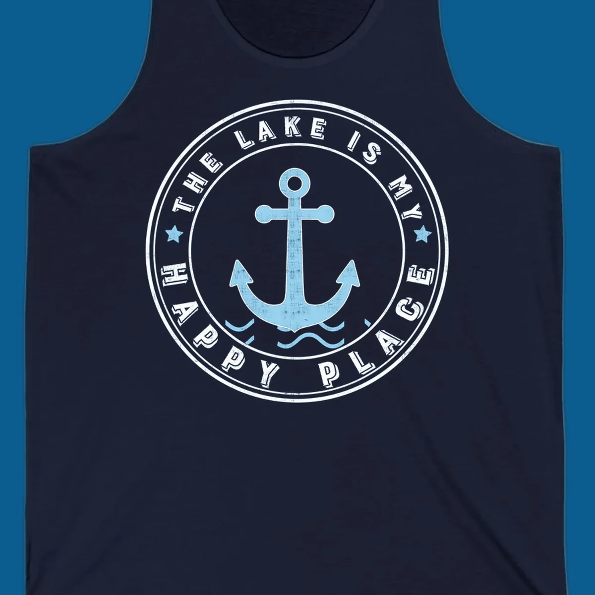 Circular badge with anchor and text 'The Lake Is My Happy Place', lake-happy-place concept.