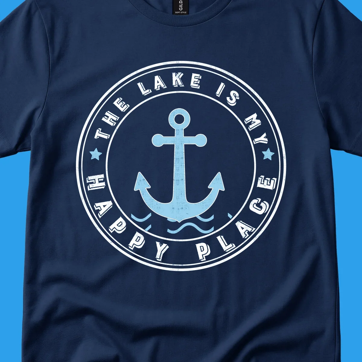 Circular badge with anchor and text 'The Lake Is My Happy Place', lake-happy-place concept.