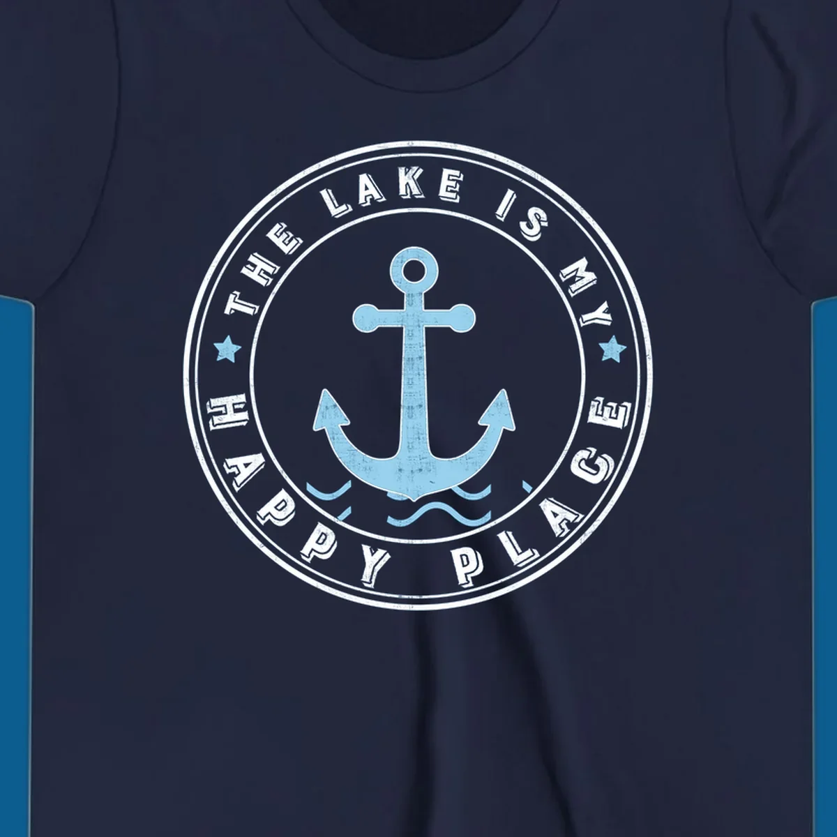 Circular badge with anchor and text 'The Lake Is My Happy Place', lake-happy-place concept.