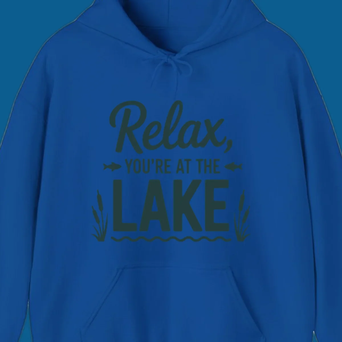 Relax you're at the lake typographic design with fish and cattails.