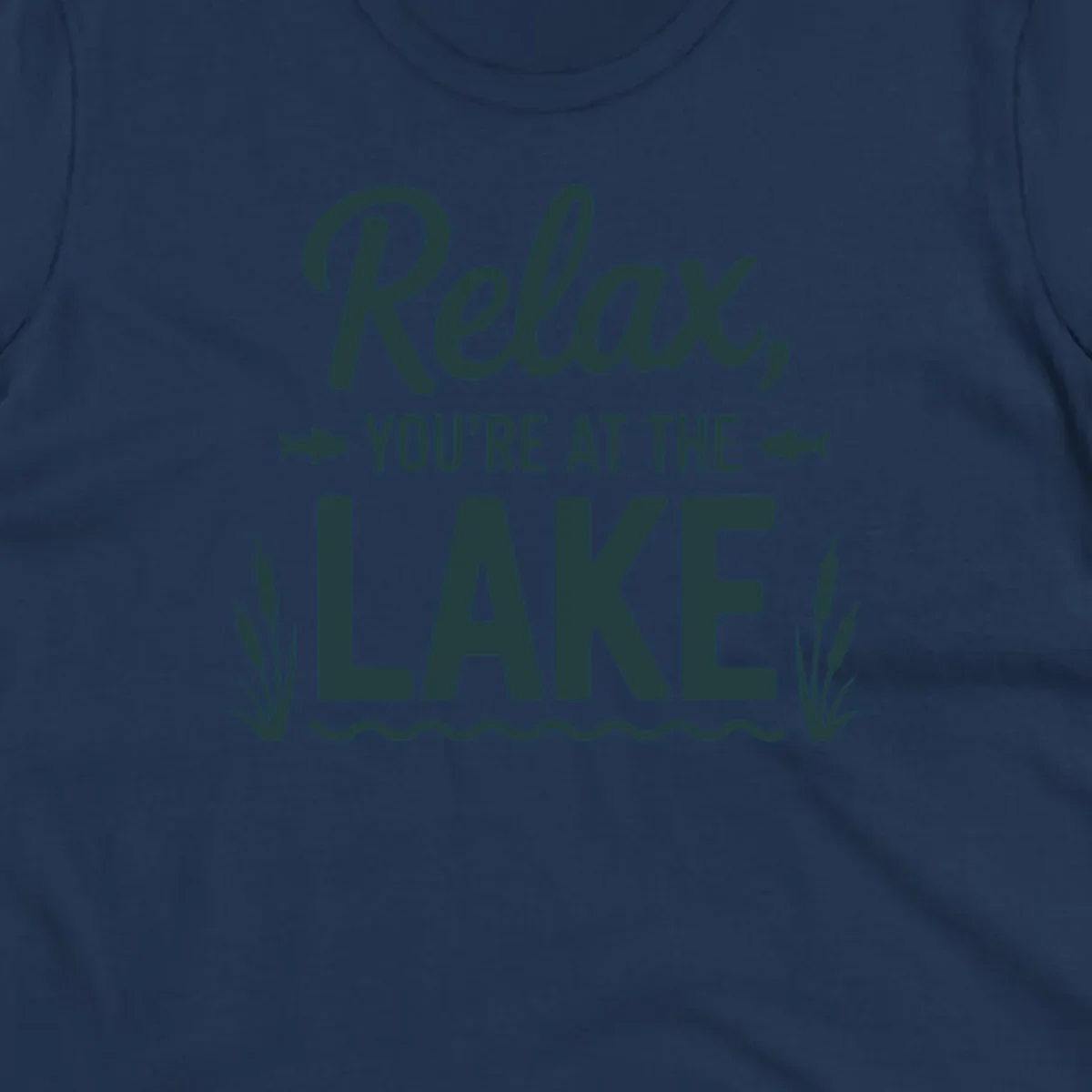 Relax you're at the lake typographic design with fish and cattails.