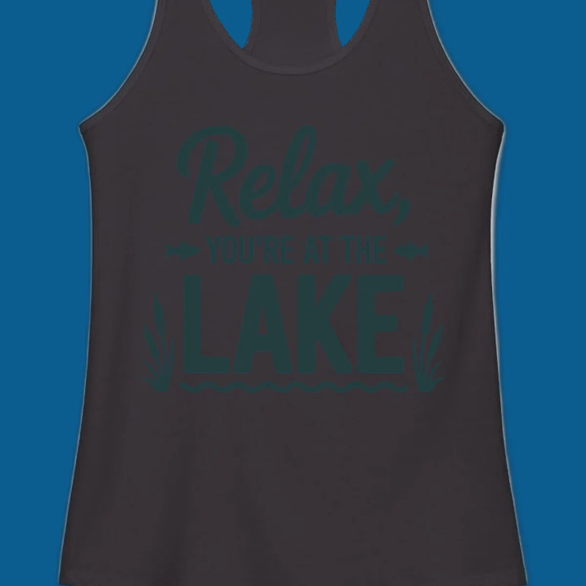 Relax you're at the lake typographic design with fish and cattails.