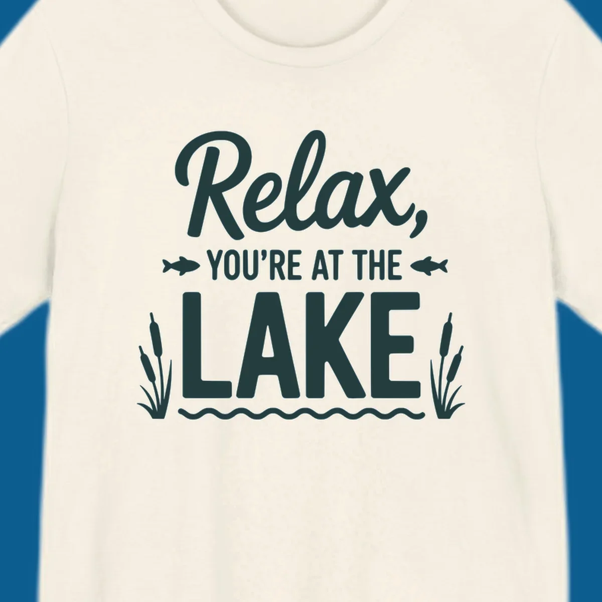Relax you're at the lake typographic design with fish and cattails.