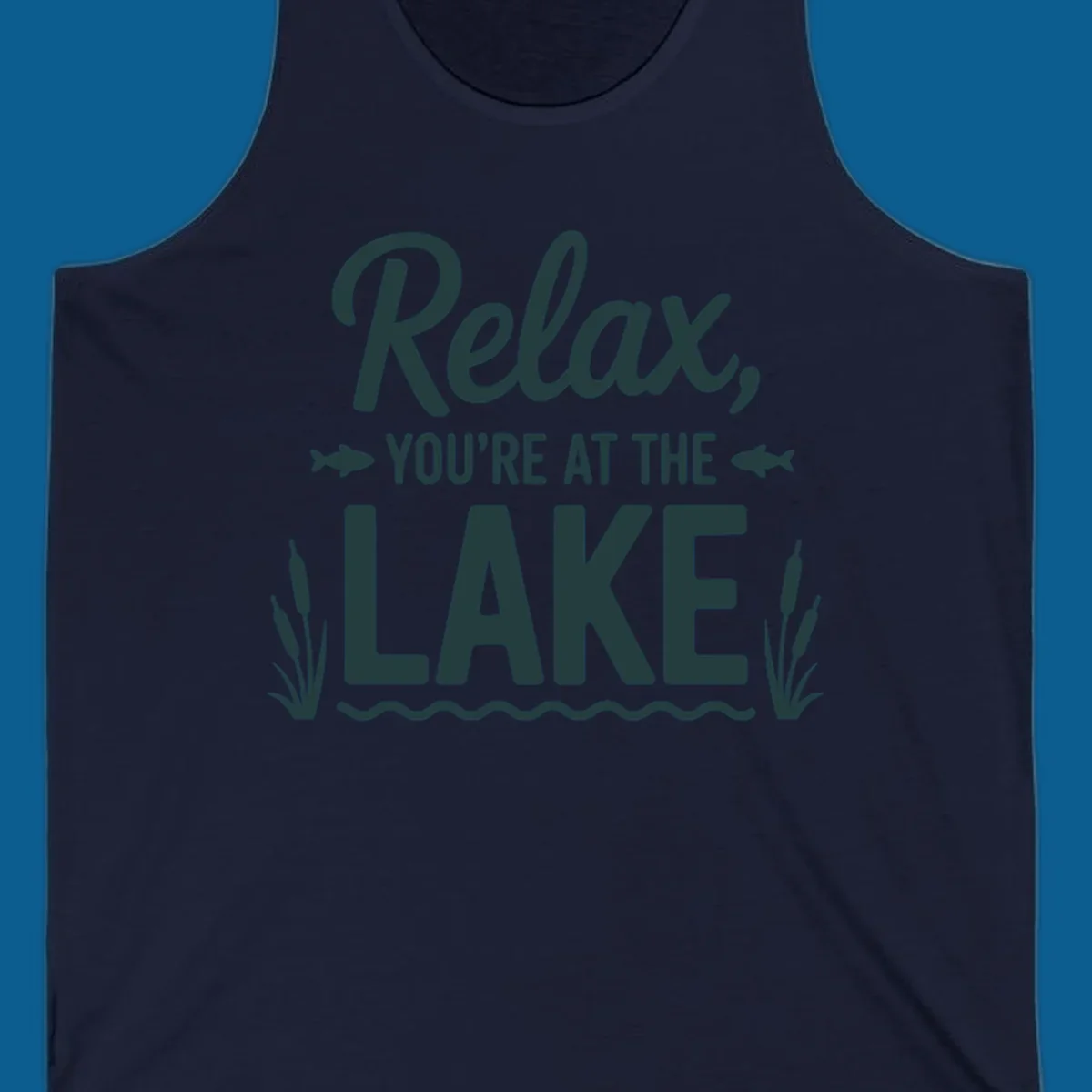 Relax you're at the lake typographic design with fish and cattails.