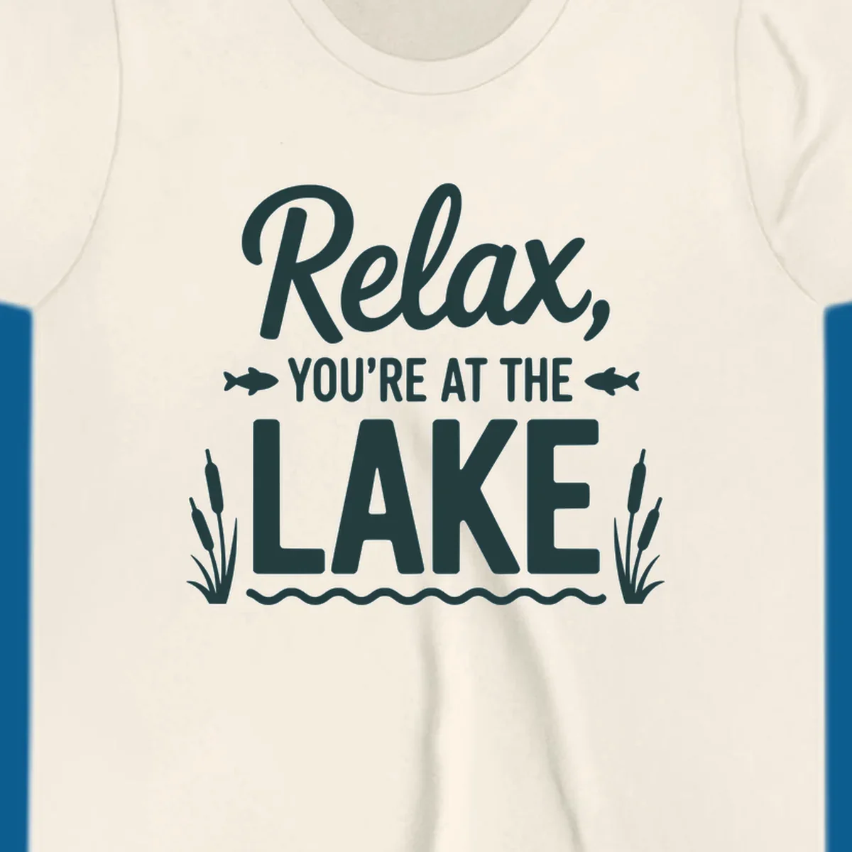 Relax you're at the lake typographic design with fish and cattails.