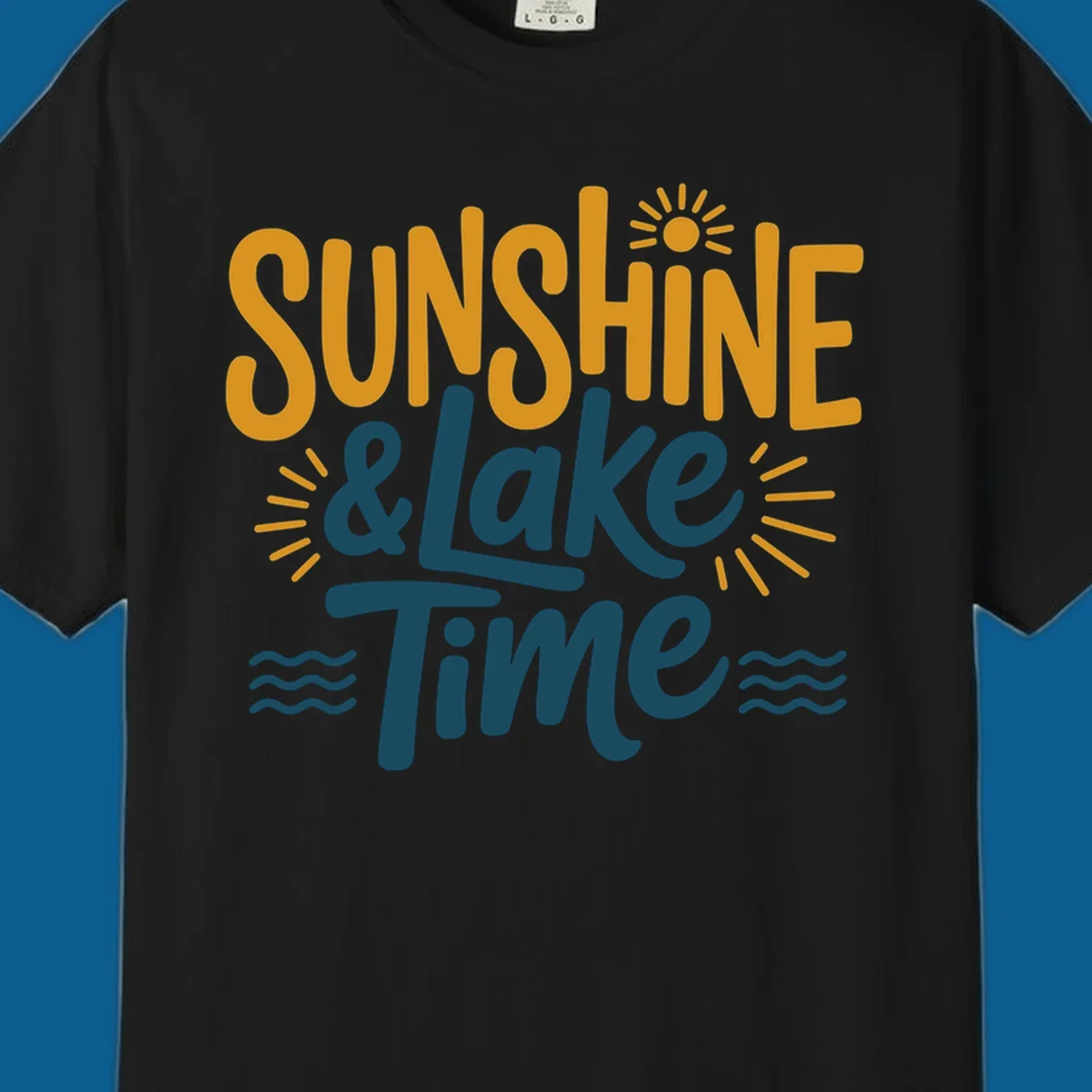 Sunshine and lake time text with sun and water graphics.