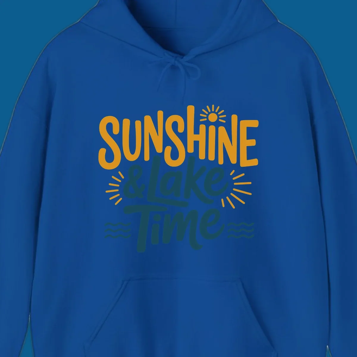 Sunshine and lake time text with sun and water graphics.
