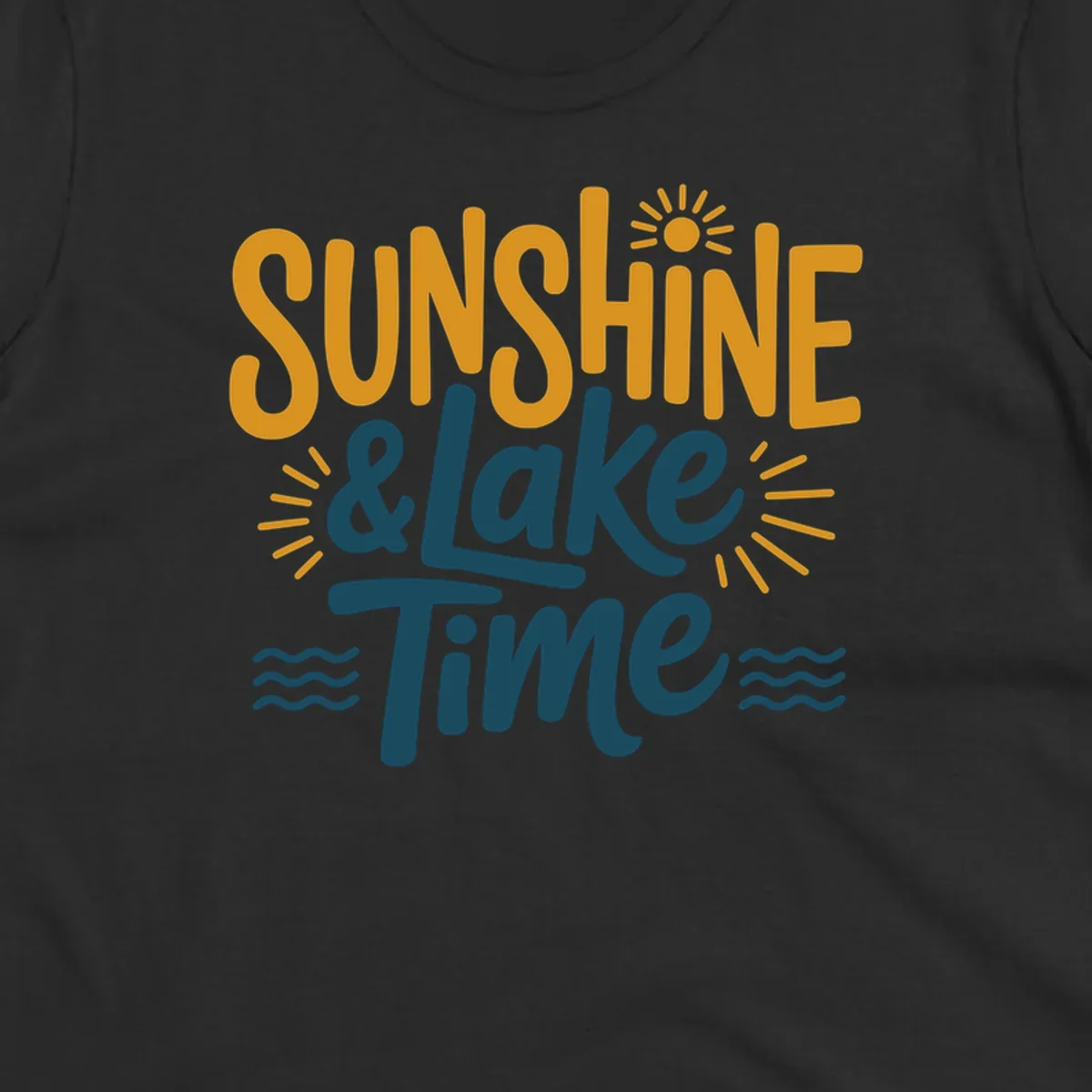 Sunshine and lake time text with sun and water graphics.