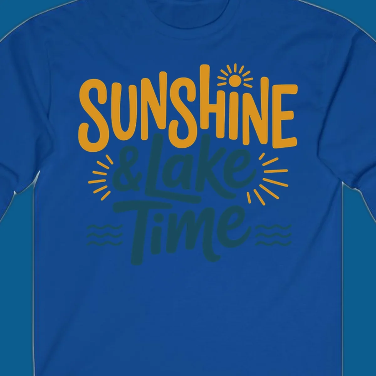 Sunshine and lake time text with sun and water graphics.