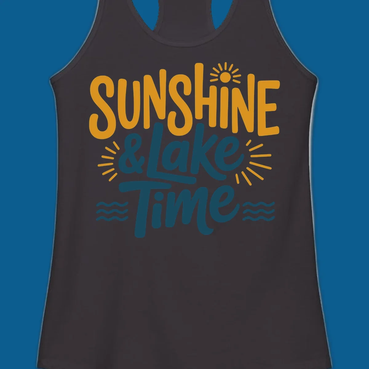 Sunshine and lake time text with sun and water graphics.