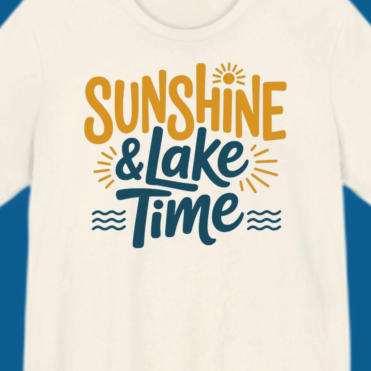 Sunshine and lake time text with sun and water graphics.