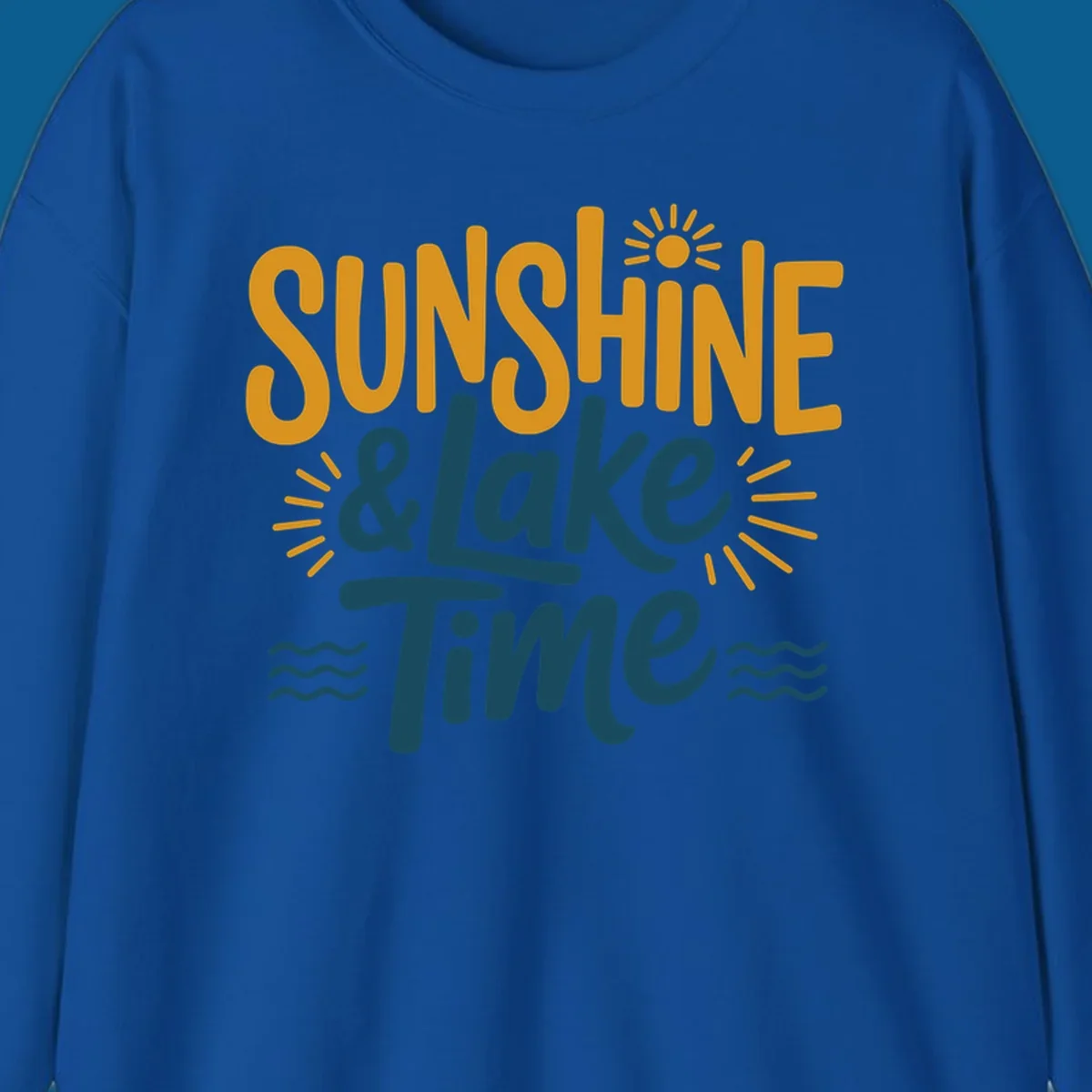 Sunshine and lake time text with sun and water graphics.
