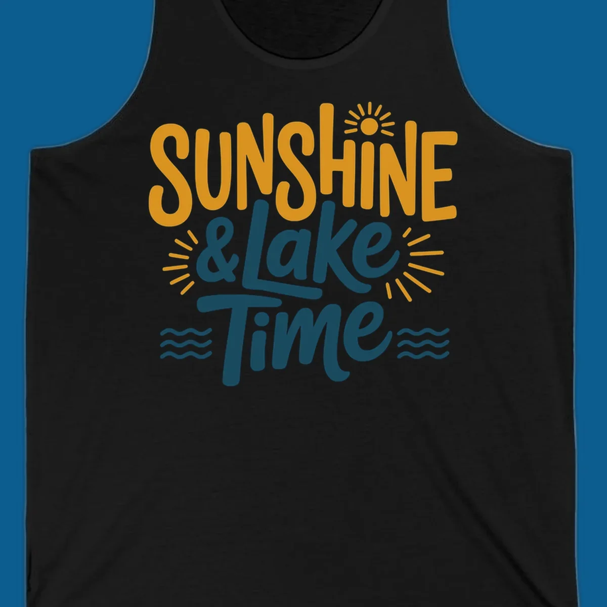 Sunshine and lake time text with sun and water graphics.