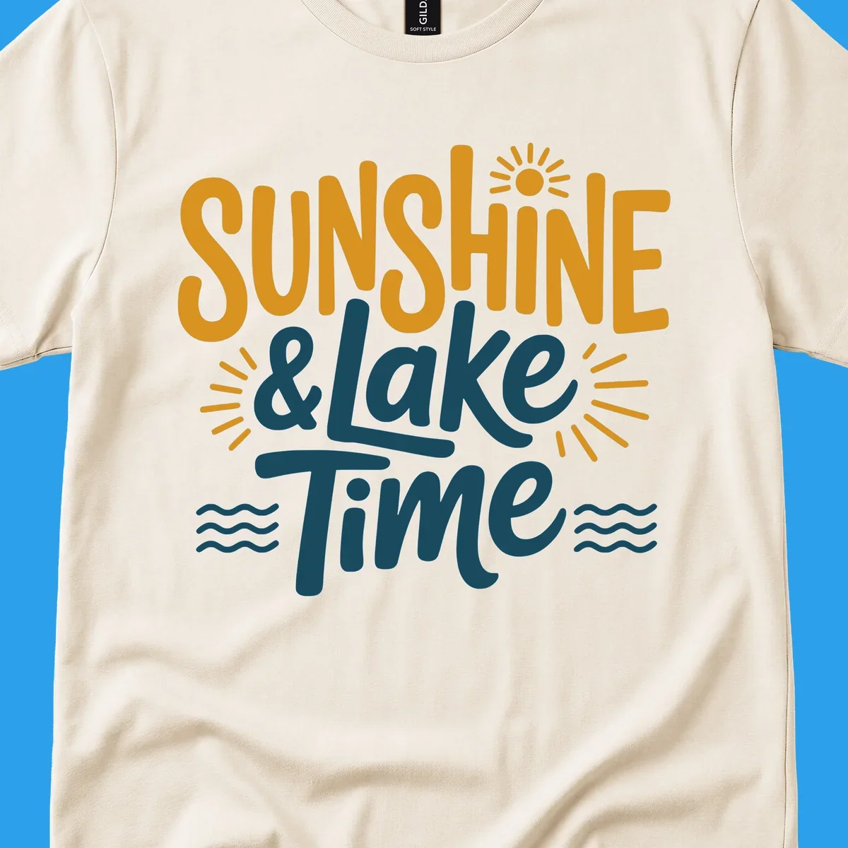 Sunshine and lake time text with sun and water graphics.
