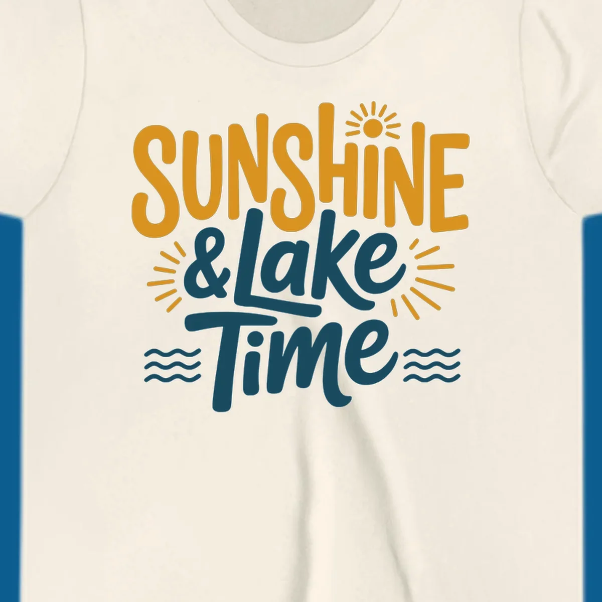 Sunshine and lake time text with sun and water graphics.