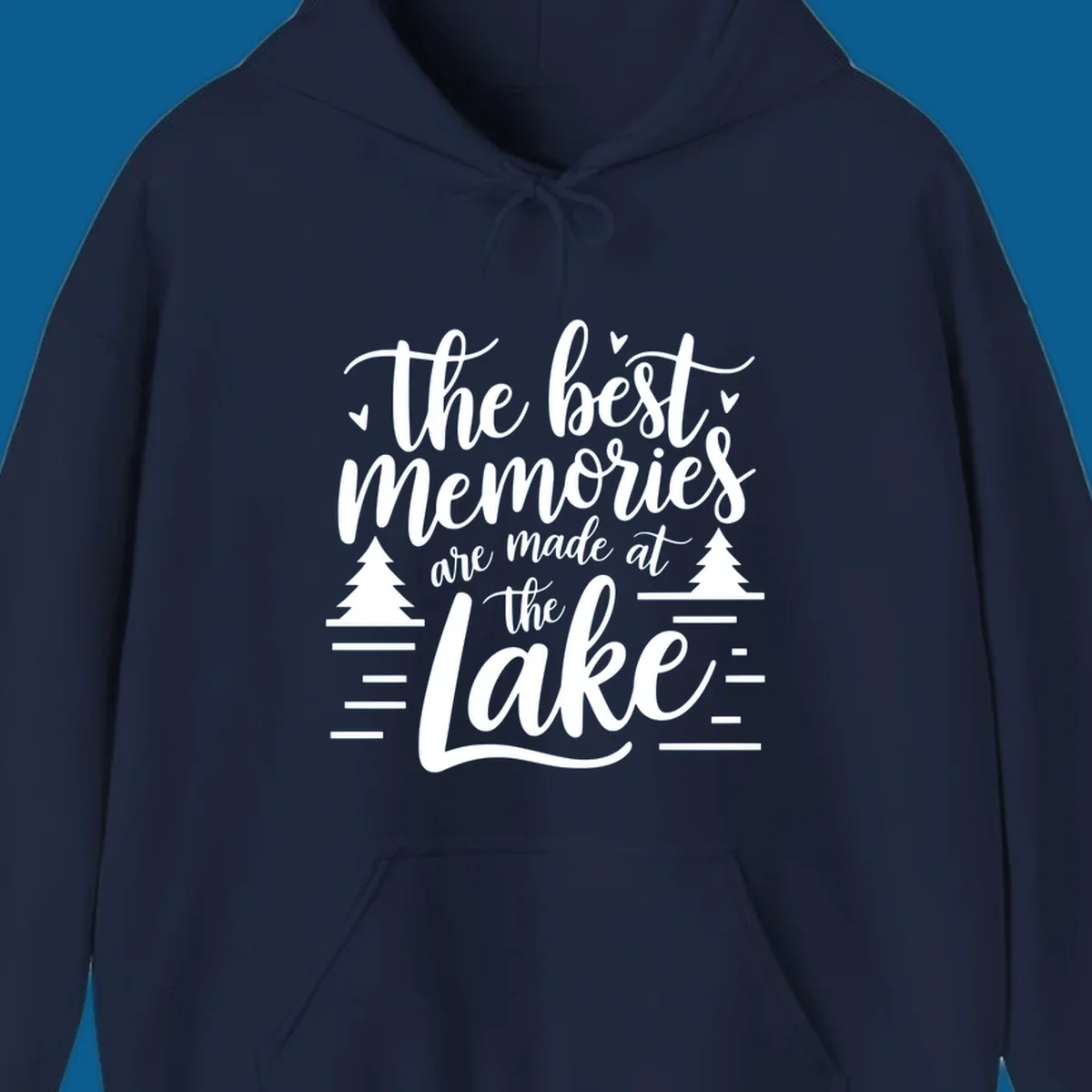 The best memories are made at the lake text with trees and water lines for lake life memories.