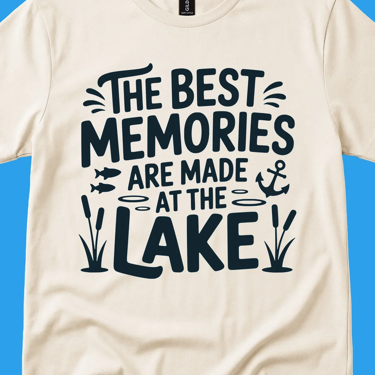 The best lake life memories typography design with fish, anchor, and cattails.