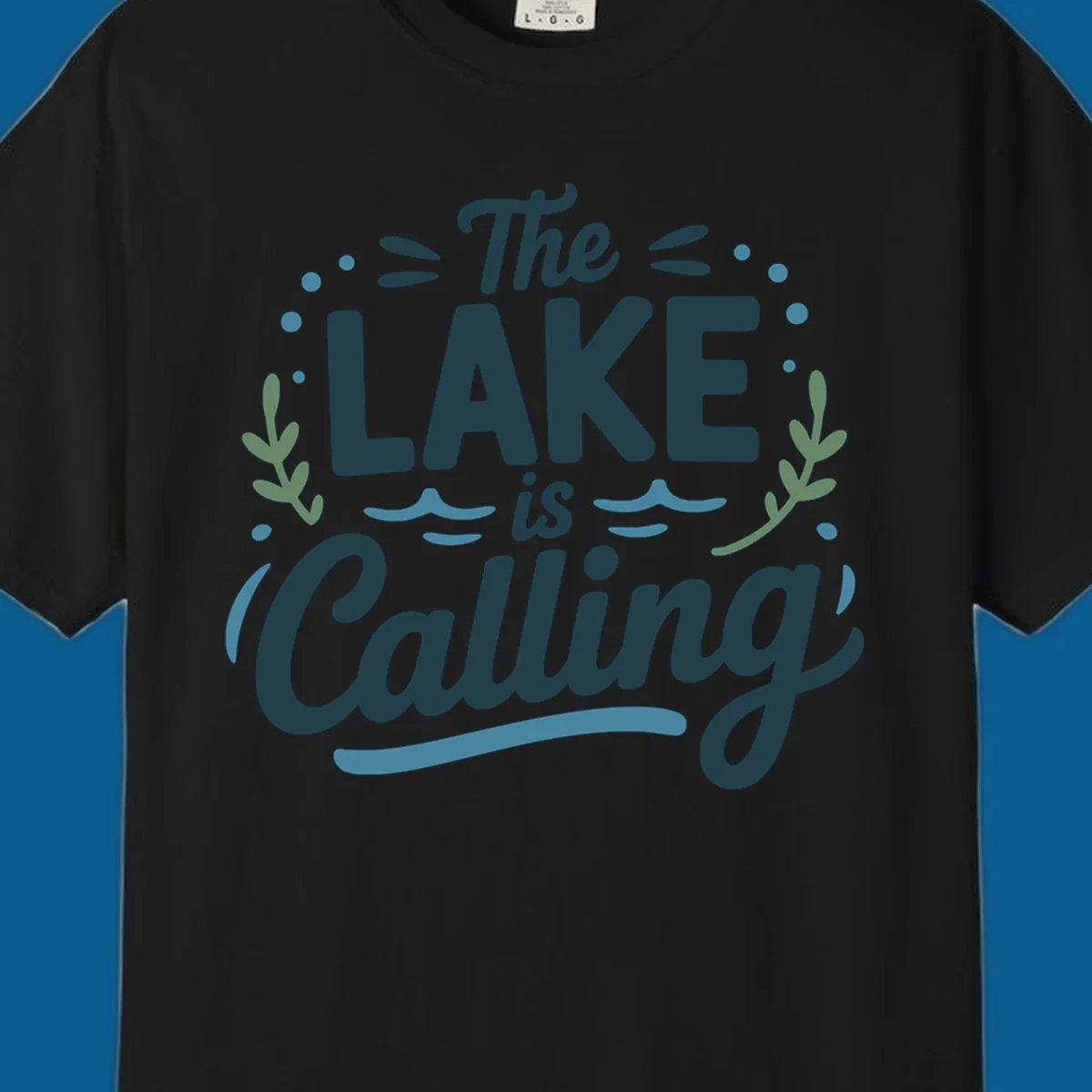 The Lake Is Calling text design with wave and leaf graphics