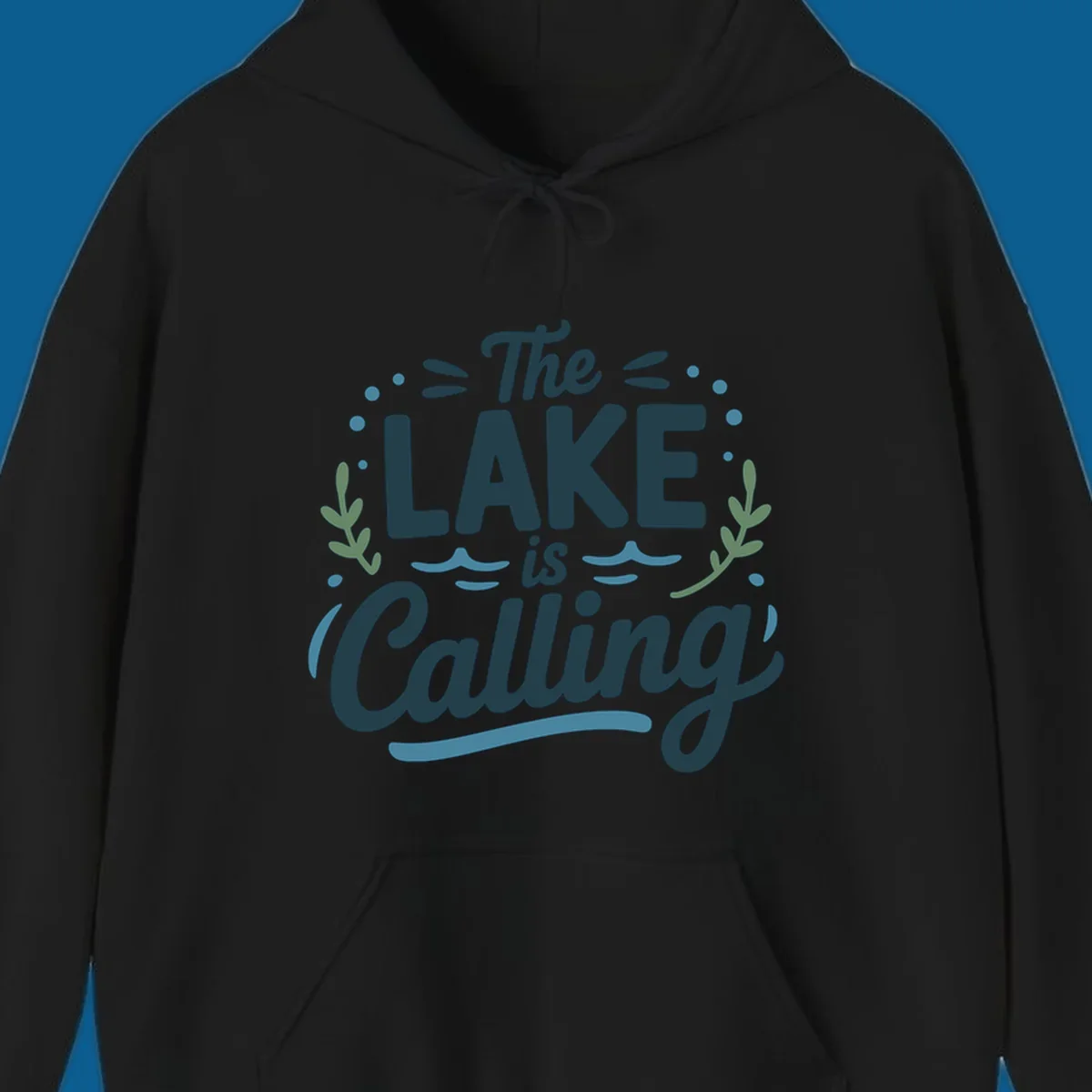 The Lake Is Calling text design with wave and leaf graphics