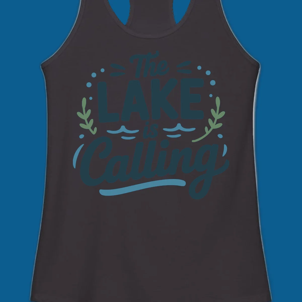 The Lake Is Calling text design with wave and leaf graphics