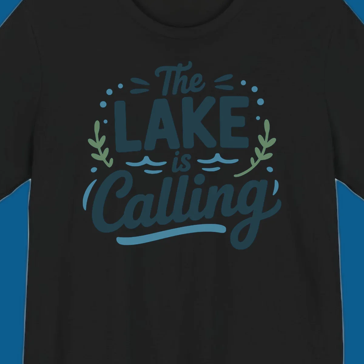 The Lake Is Calling text design with wave and leaf graphics