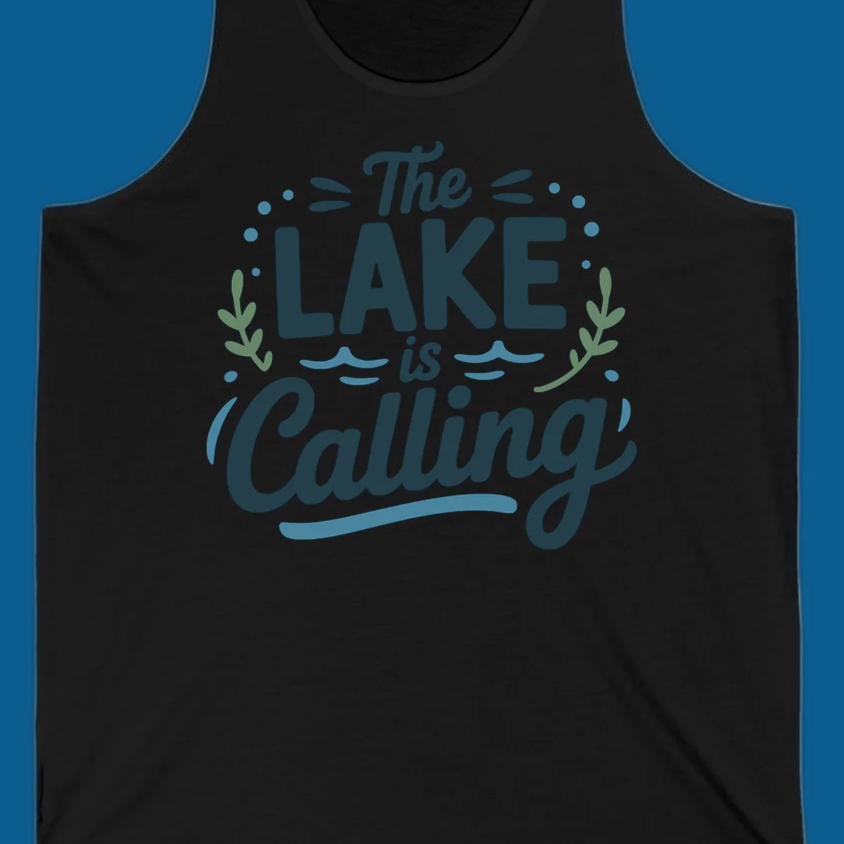 The Lake Is Calling text design with wave and leaf graphics