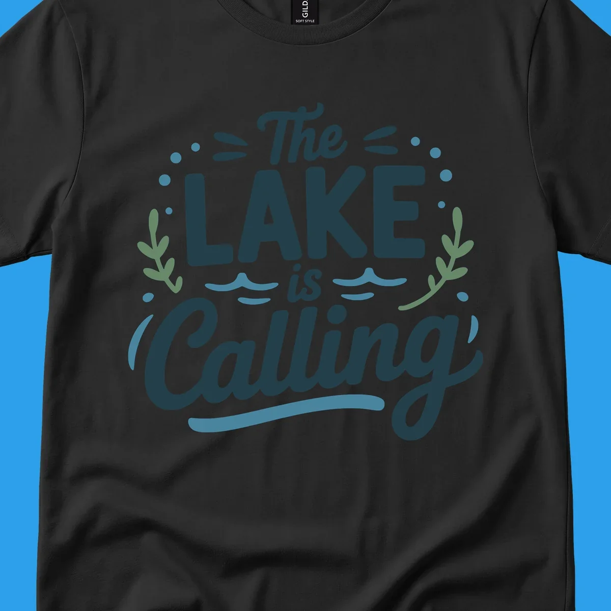 The Lake Is Calling text design with wave and leaf graphics