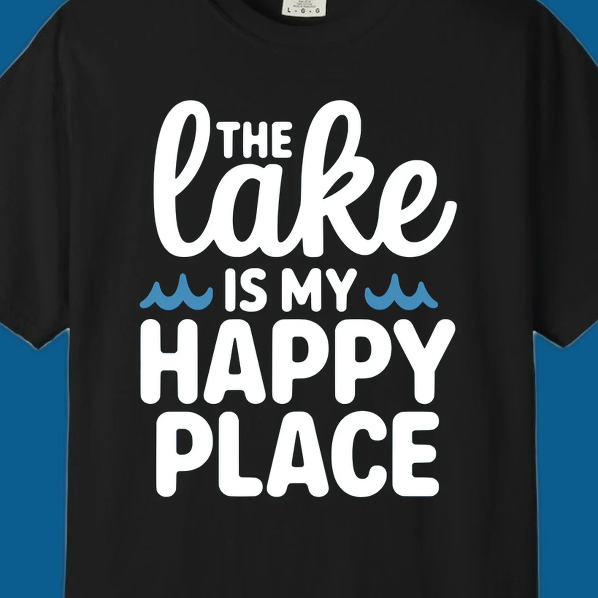 The lake is my happy place text and wave graphic