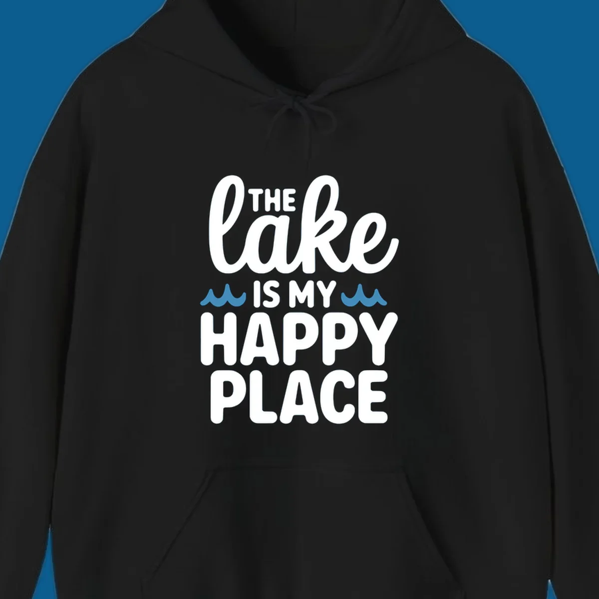 The lake is my happy place text and wave graphic