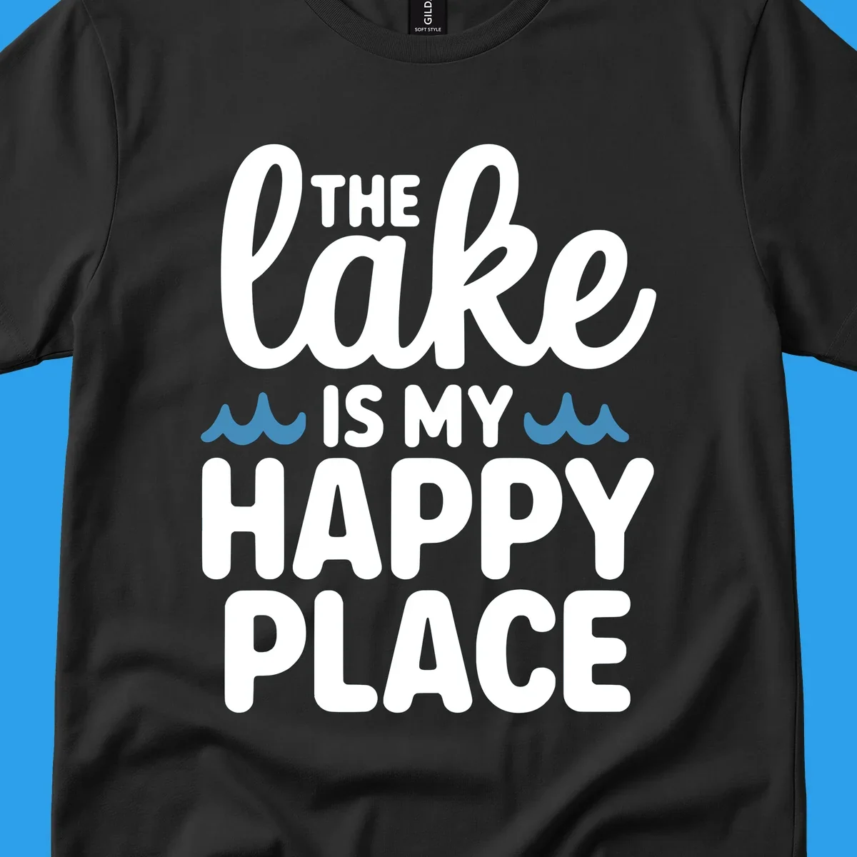 The lake is my happy place text and wave graphic