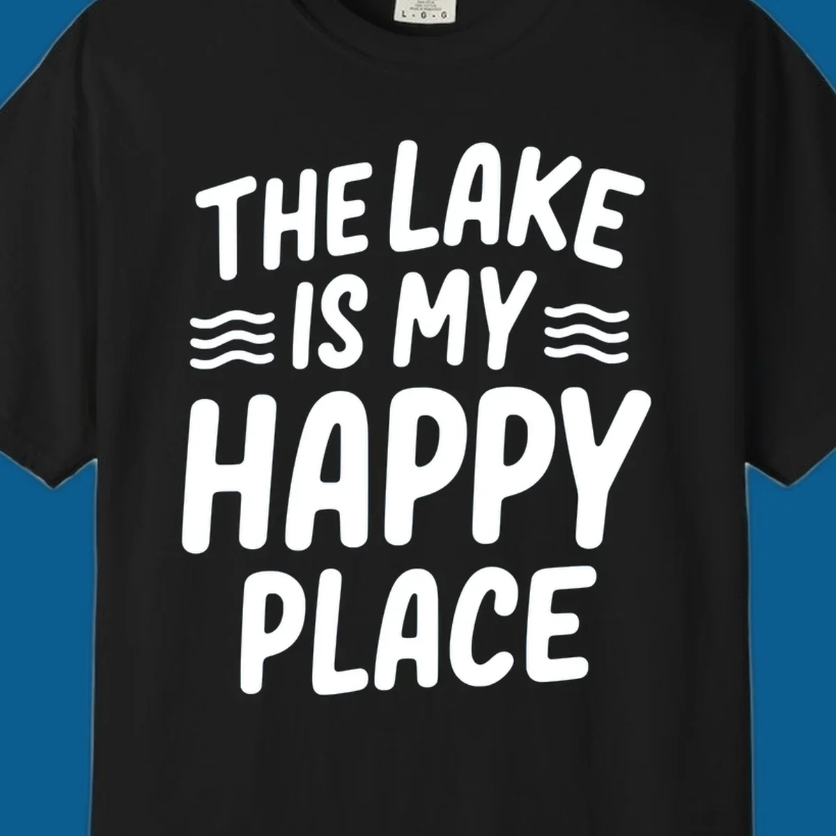 The lake is my happy place typography design with wavy lines.