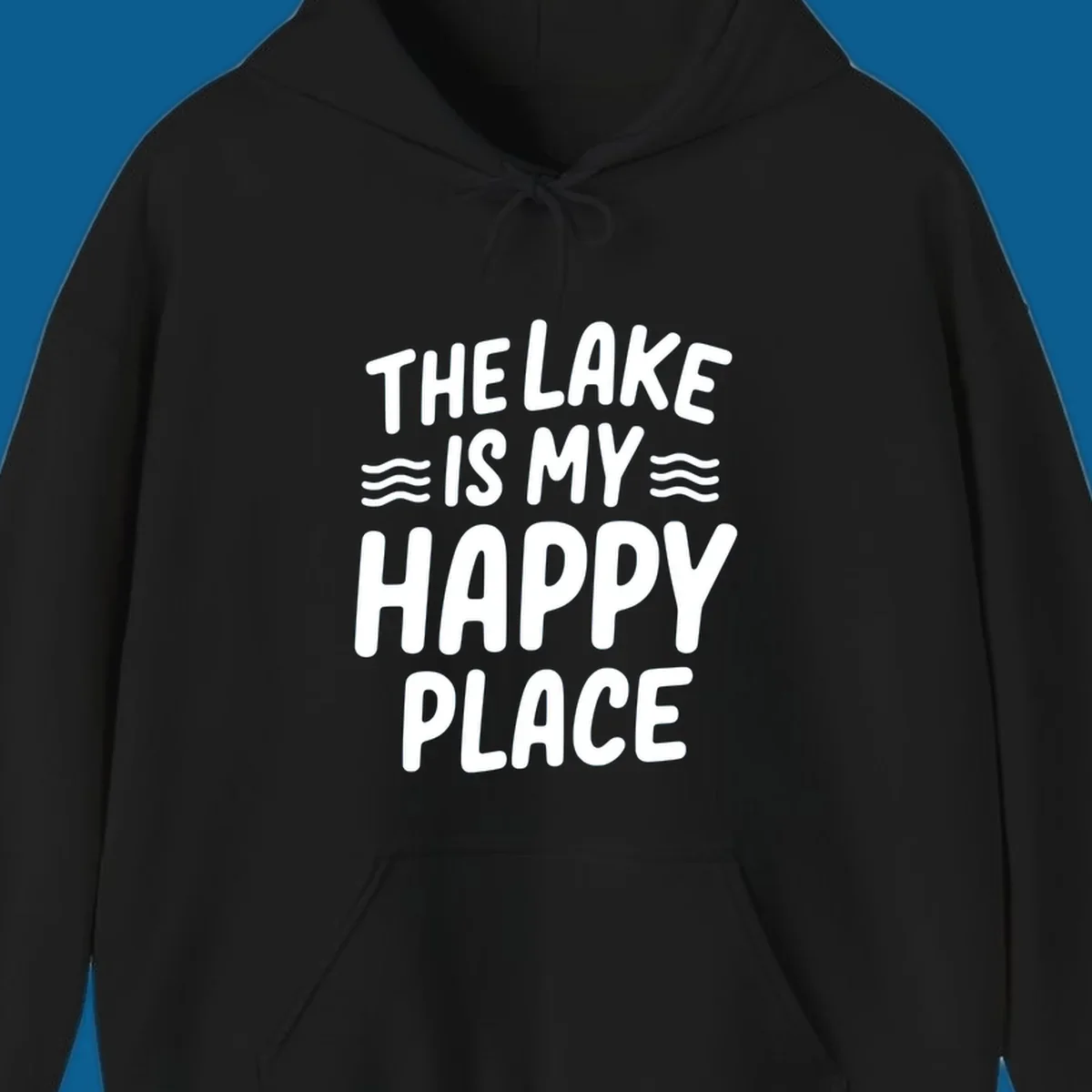 The lake is my happy place typography design with wavy lines.