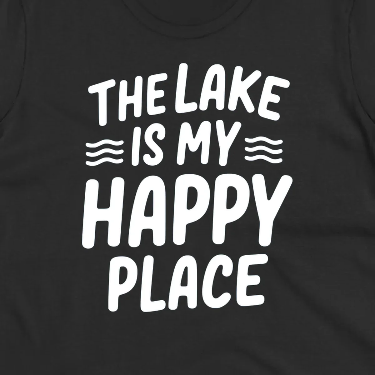 The lake is my happy place typography design with wavy lines.