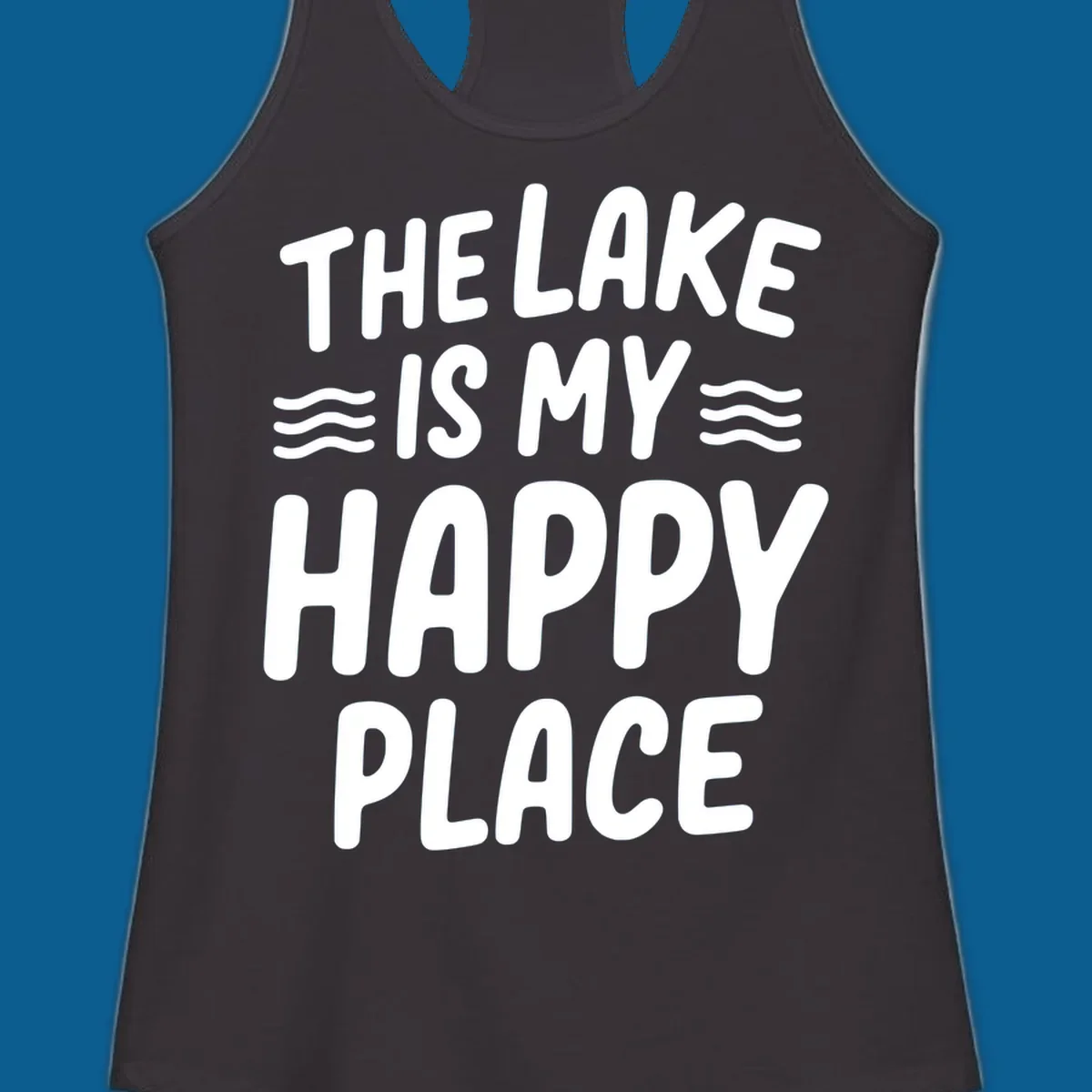 The lake is my happy place typography design with wavy lines.