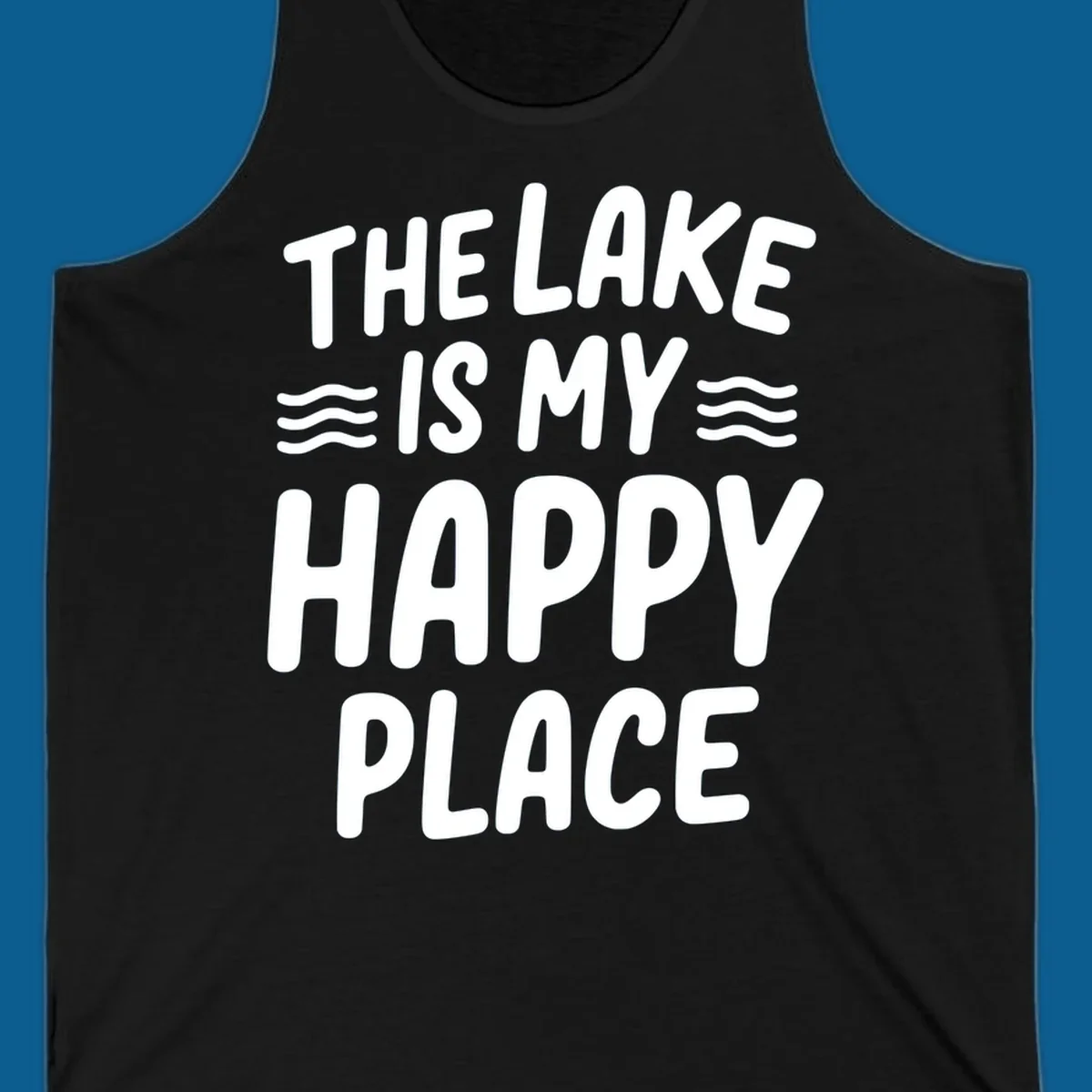 The lake is my happy place typography design with wavy lines.