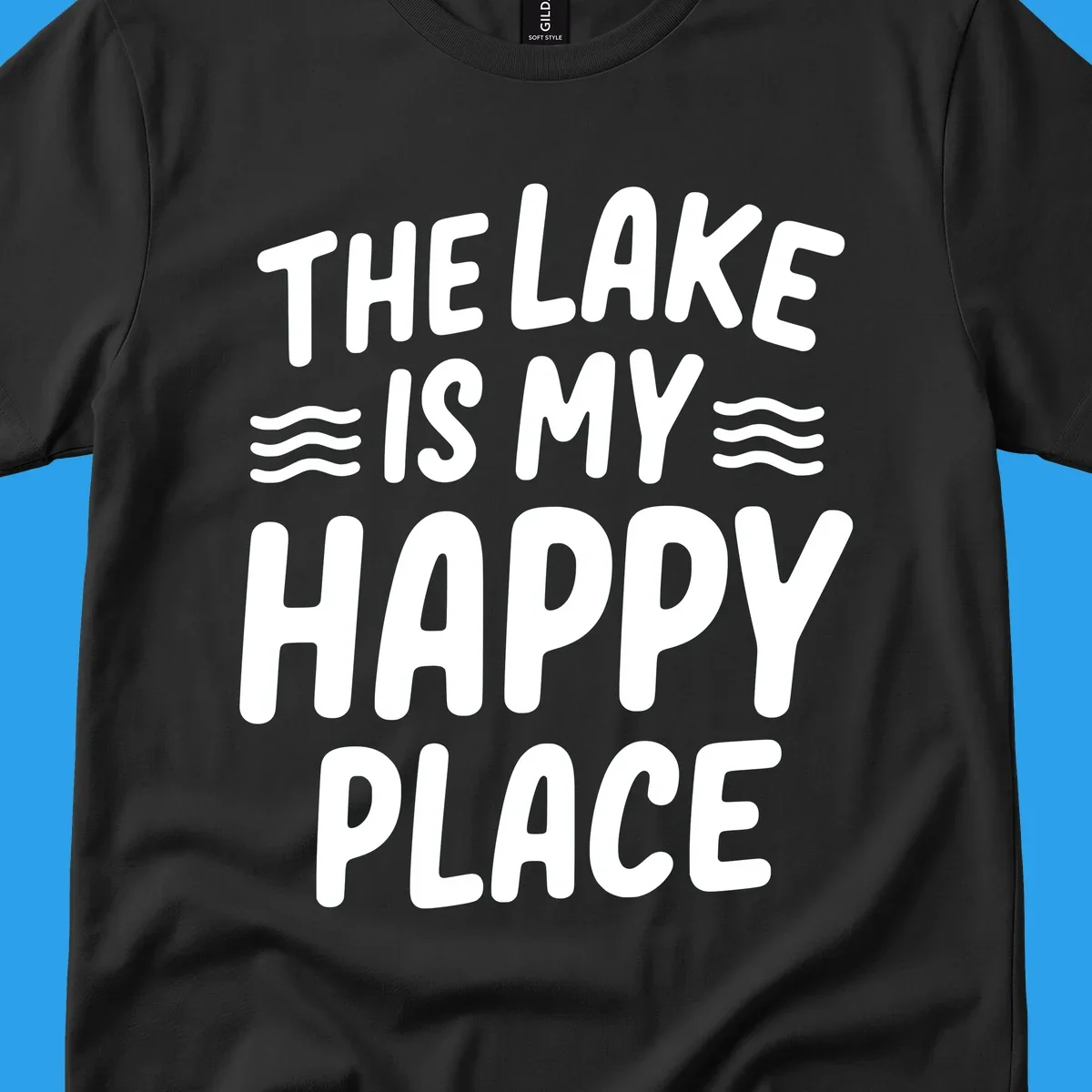 The lake is my happy place typography design with wavy lines.