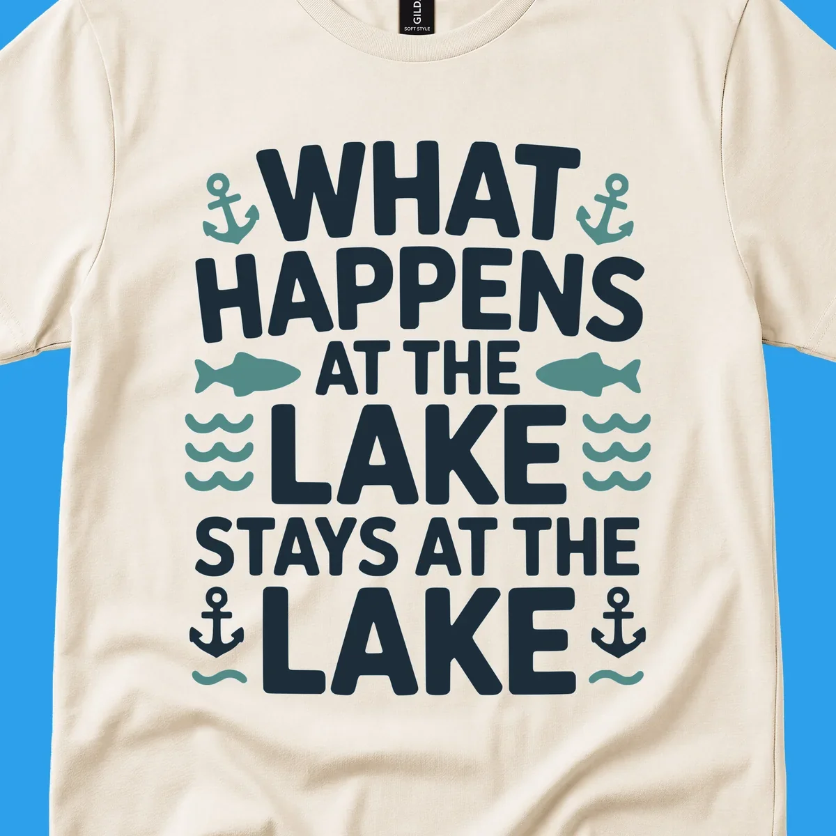 What happens at the lake stays at the lake quote with anchors, fish, and waves.