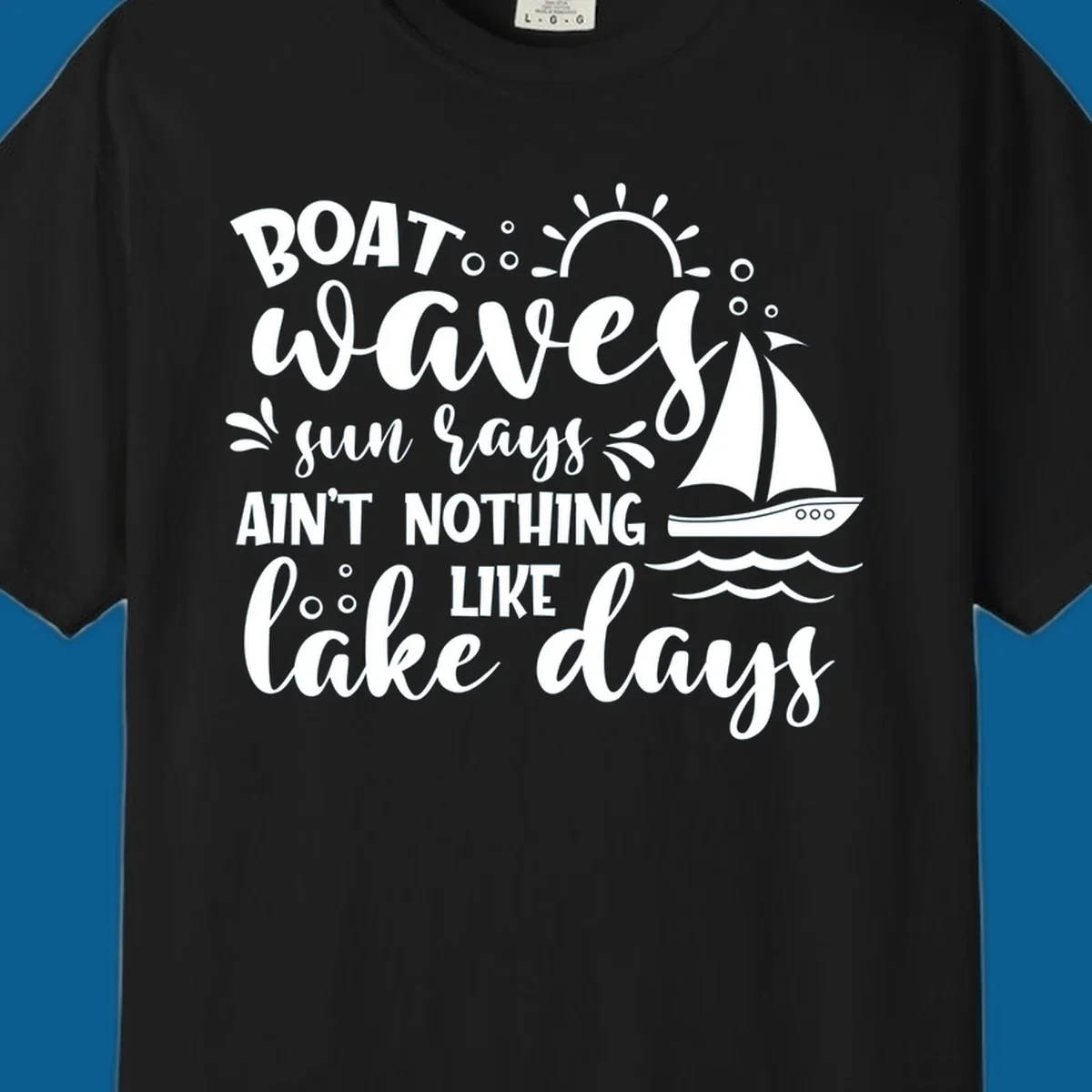 Boat waves sun rays lake days design with sailboat and sun