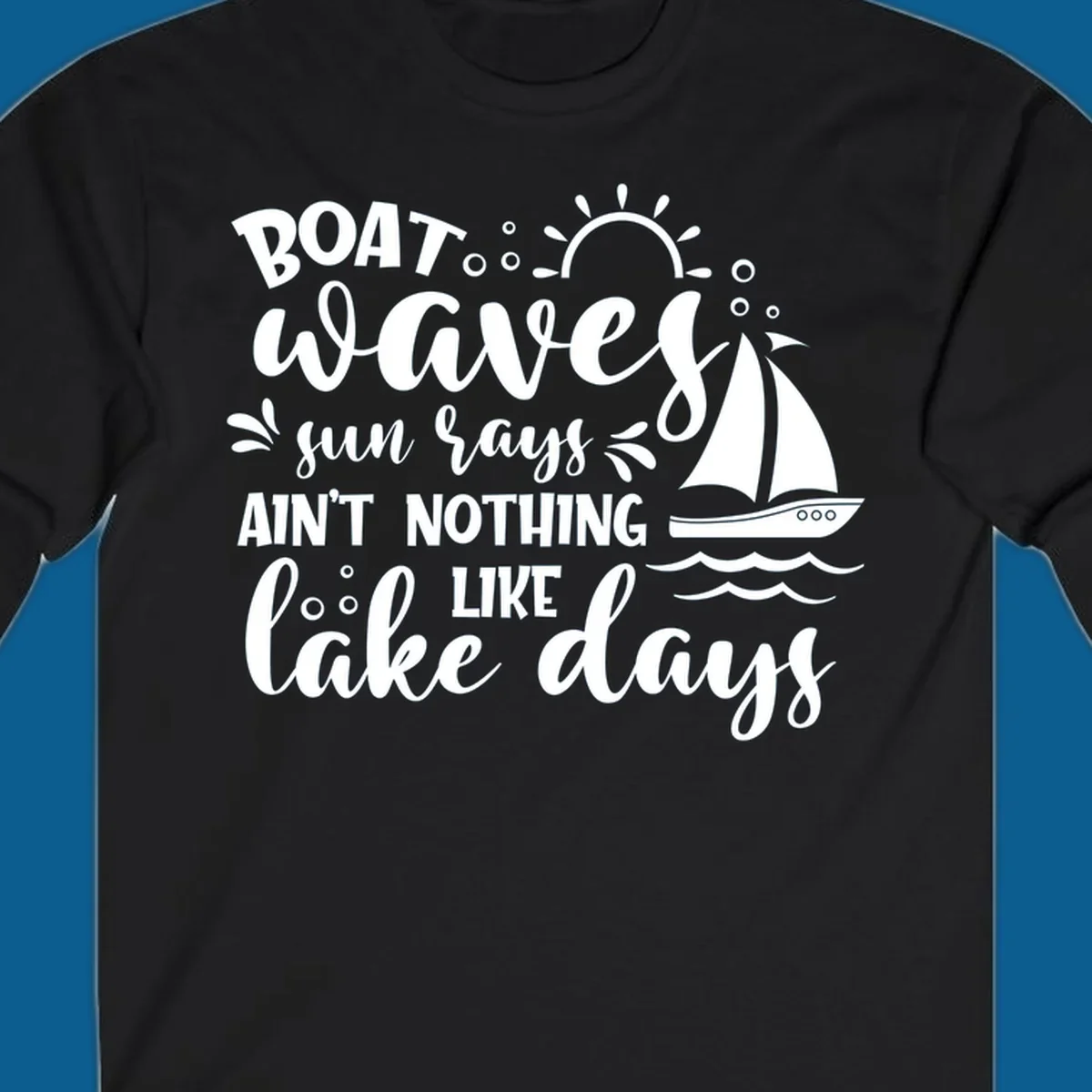 Boat waves sun rays lake days design with sailboat and sun