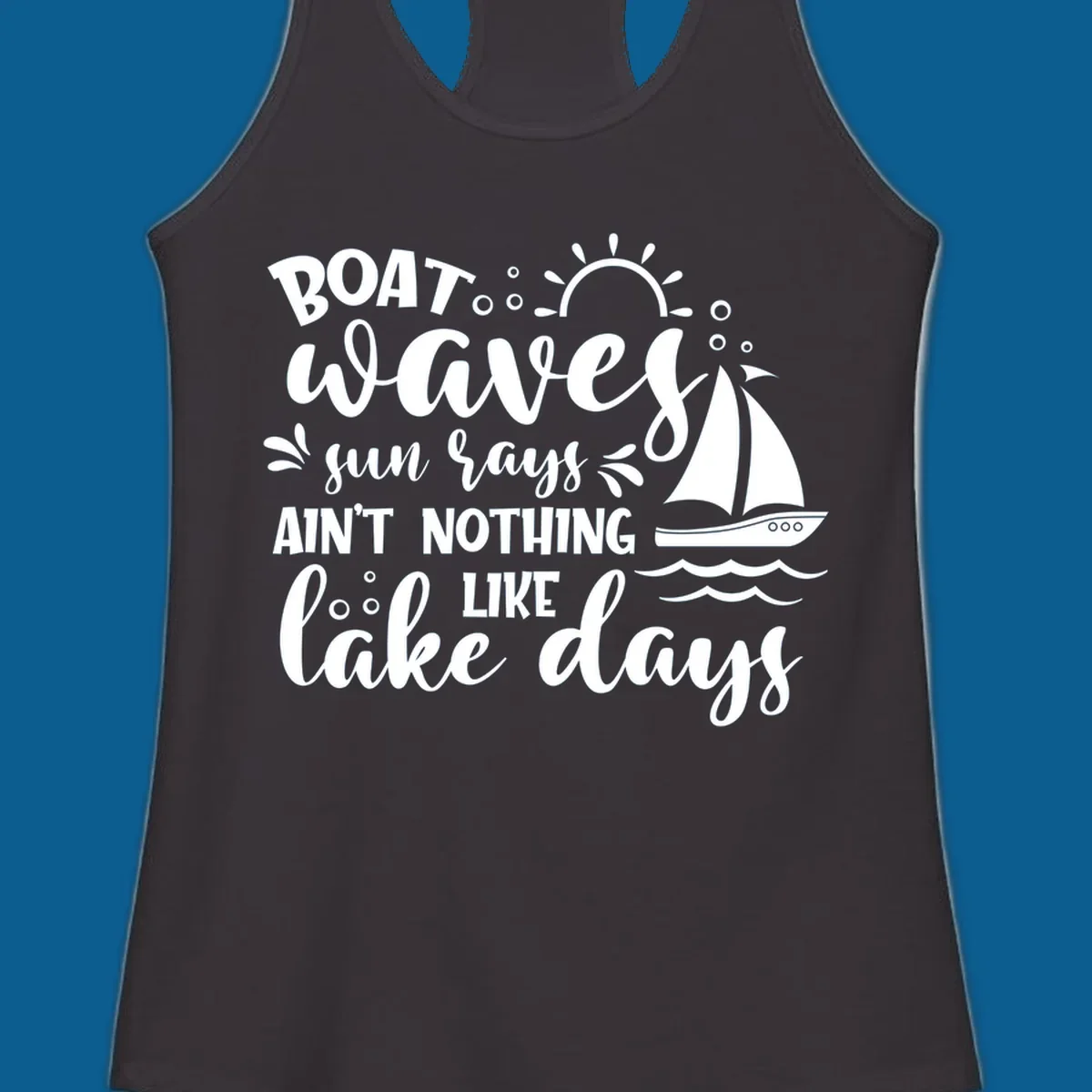 Boat waves sun rays lake days design with sailboat and sun
