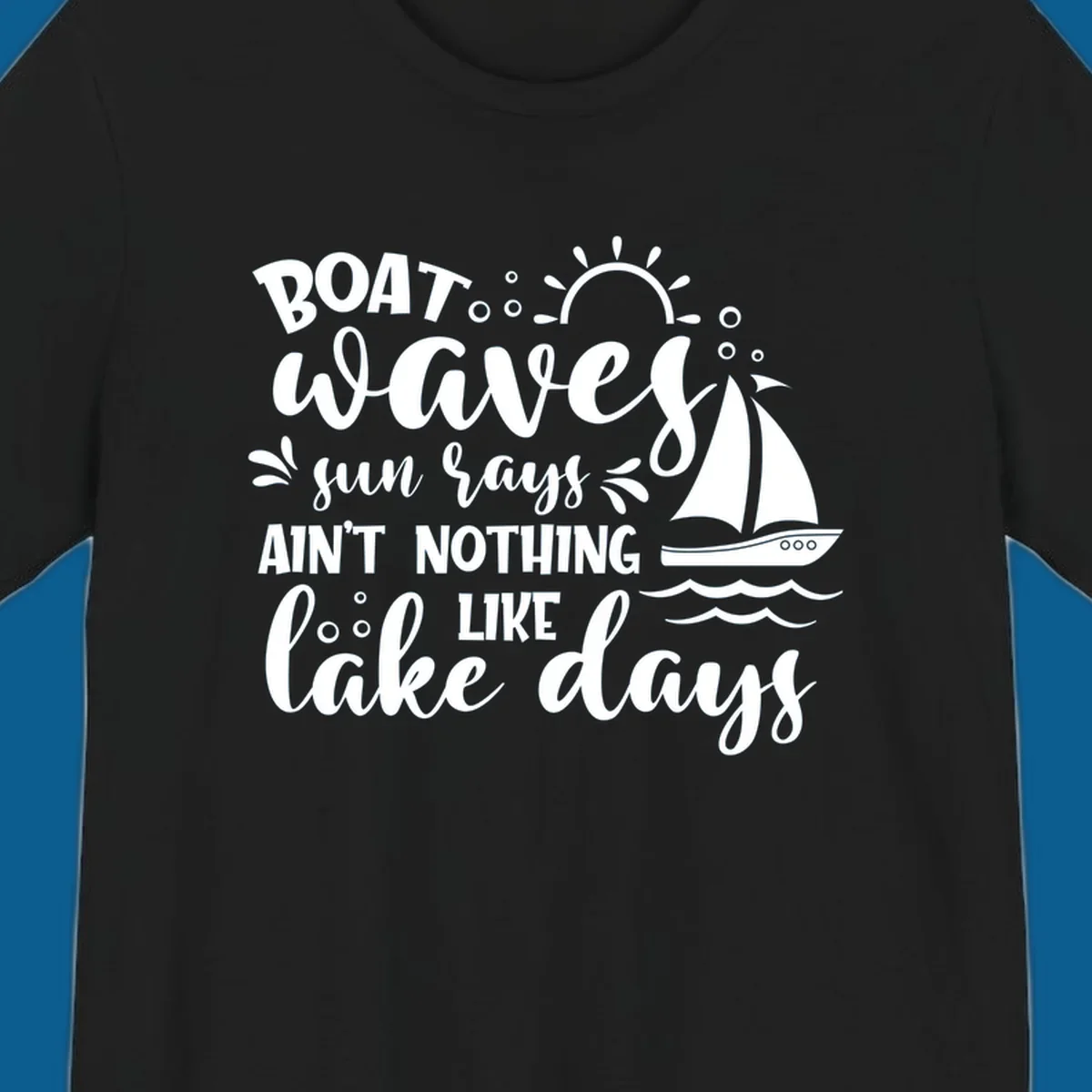 Boat waves sun rays lake days design with sailboat and sun