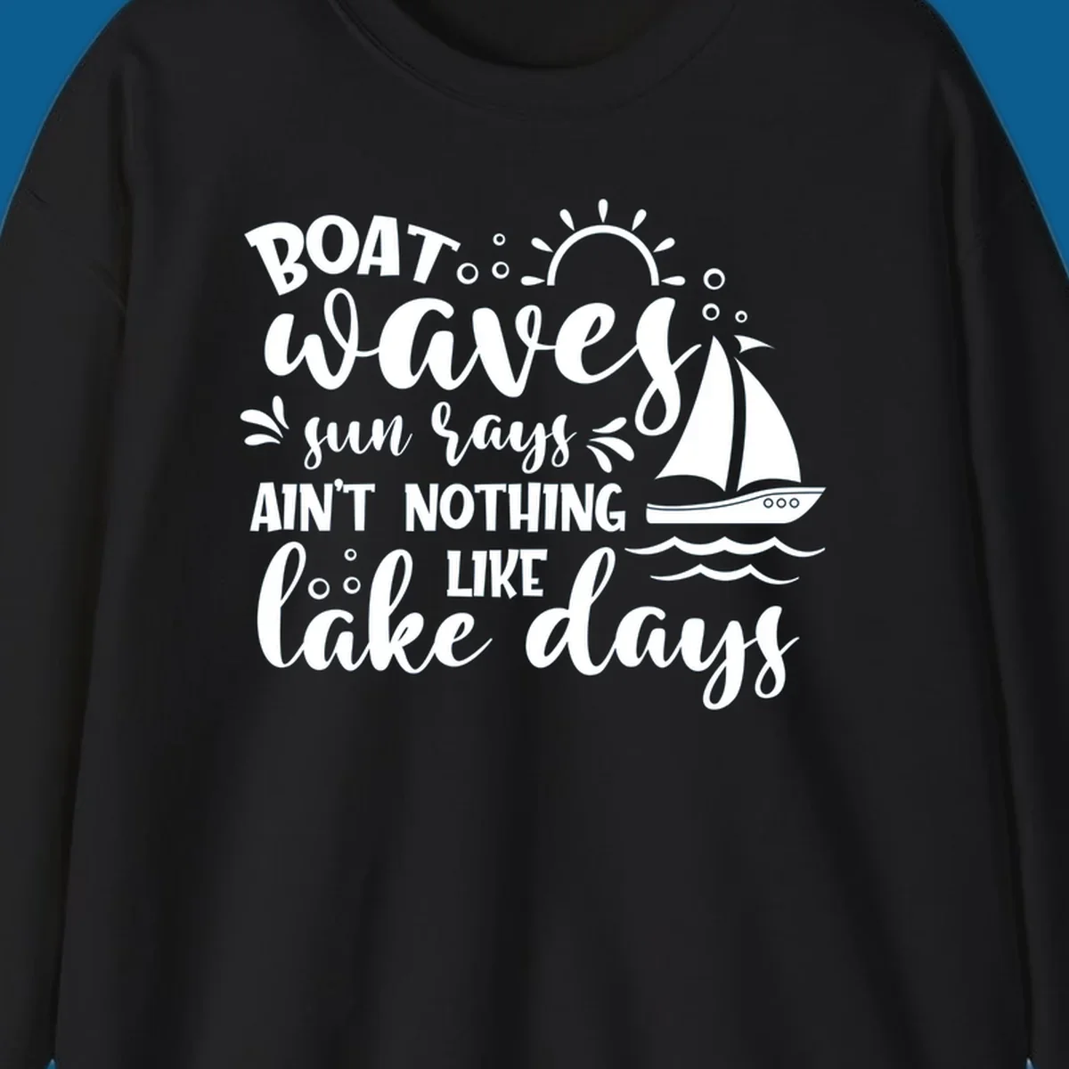 Boat waves sun rays lake days design with sailboat and sun