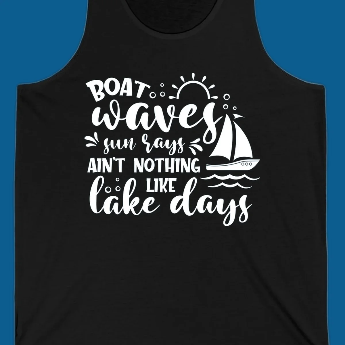 Boat waves sun rays lake days design with sailboat and sun