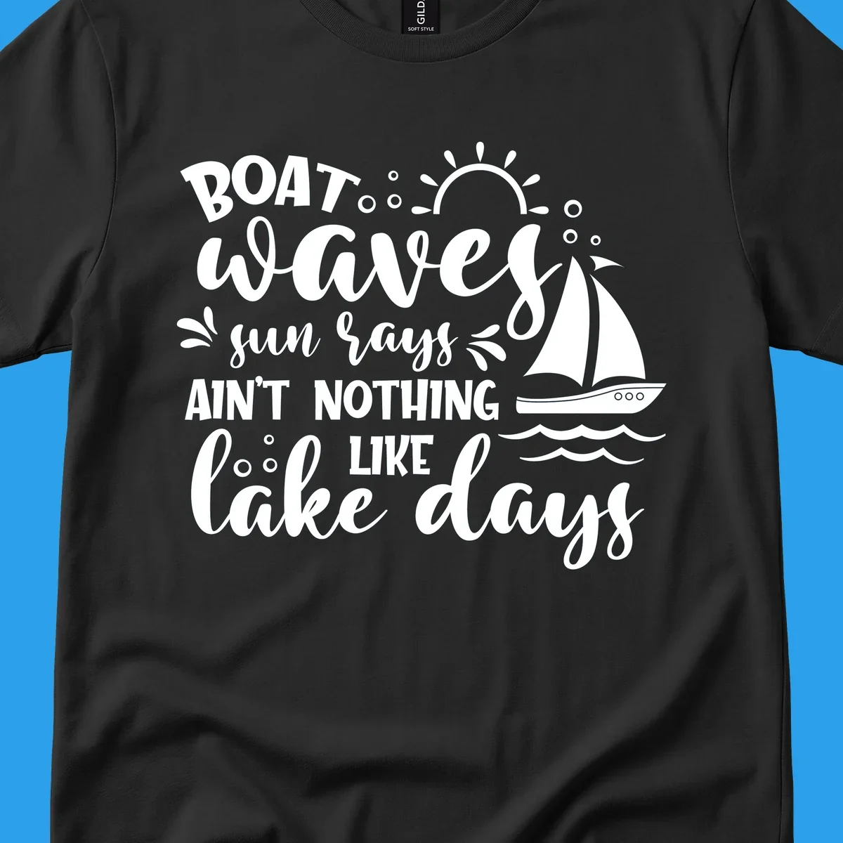 Boat waves sun rays lake days design with sailboat and sun