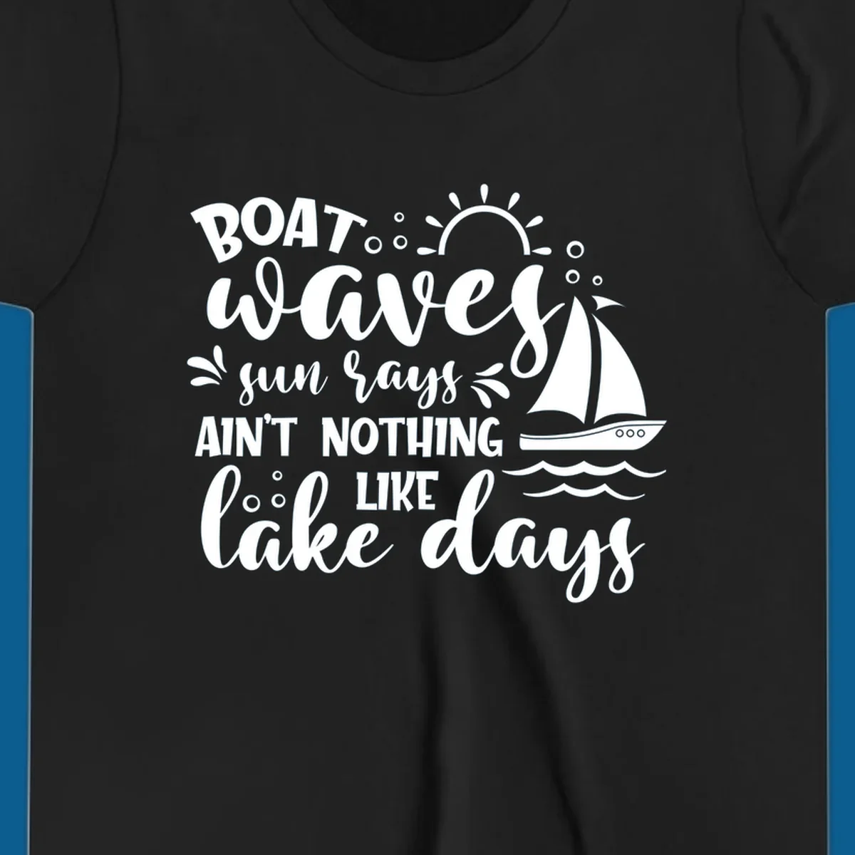 Boat waves sun rays lake days design with sailboat and sun