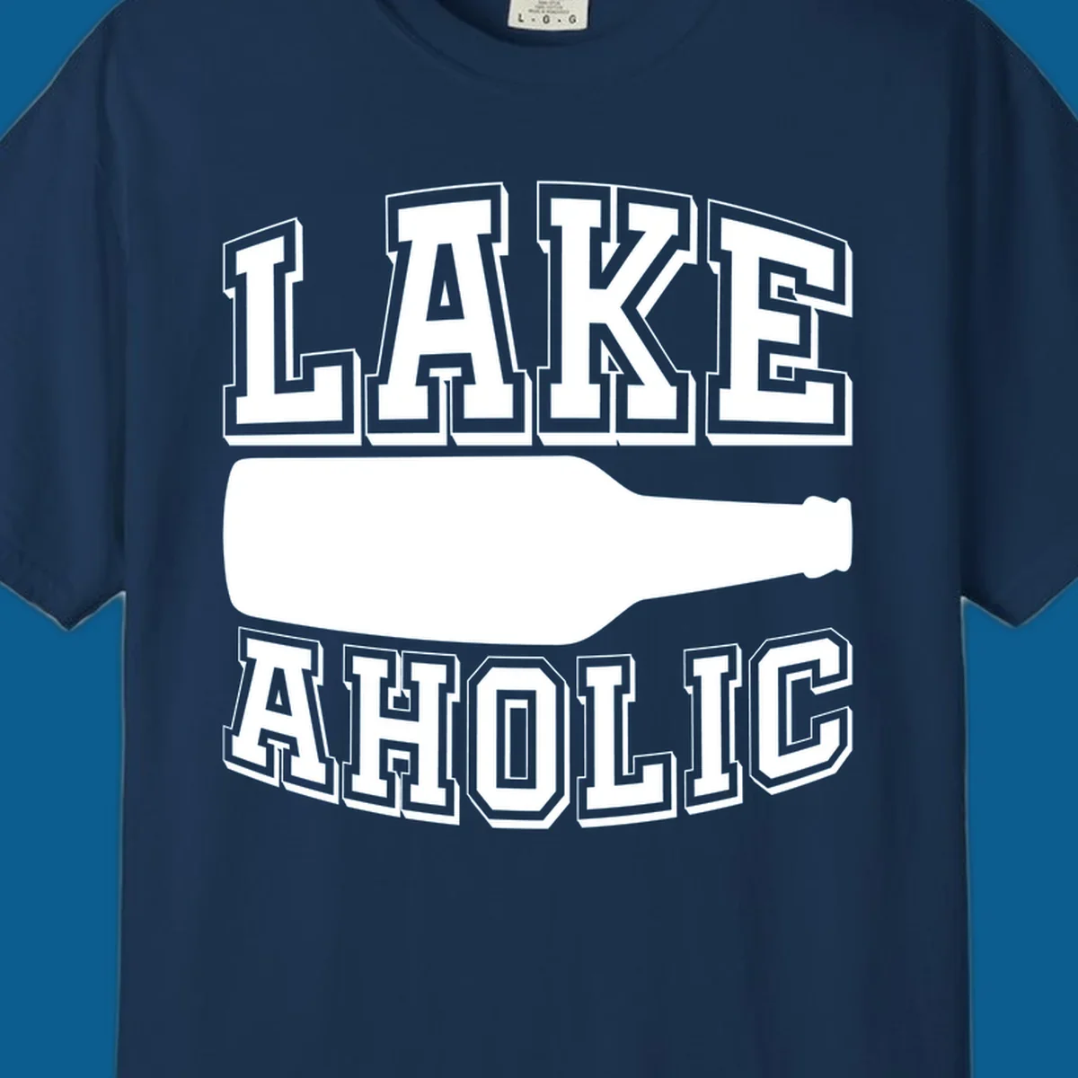 Lakeaholic bottle design with bold text and bottle silhouette.