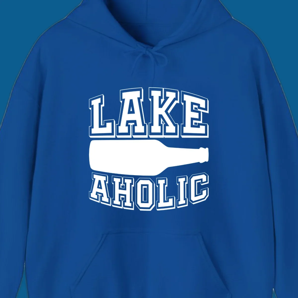 Lakeaholic bottle design with bold text and bottle silhouette.