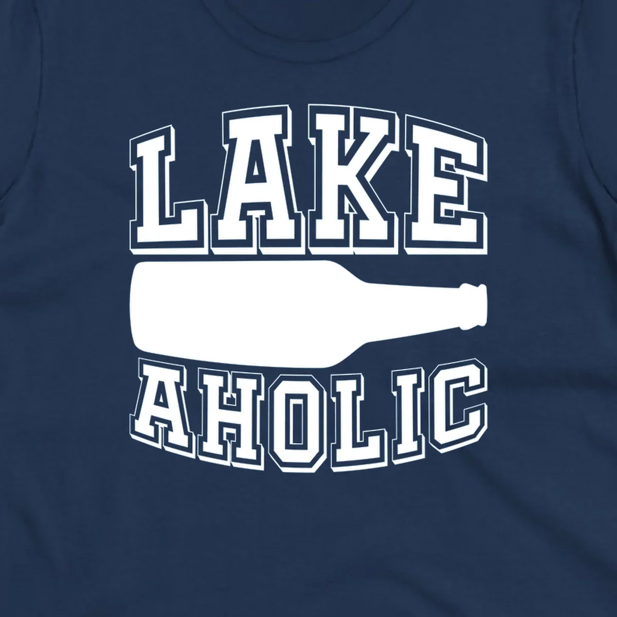 Lakeaholic bottle design with bold text and bottle silhouette.
