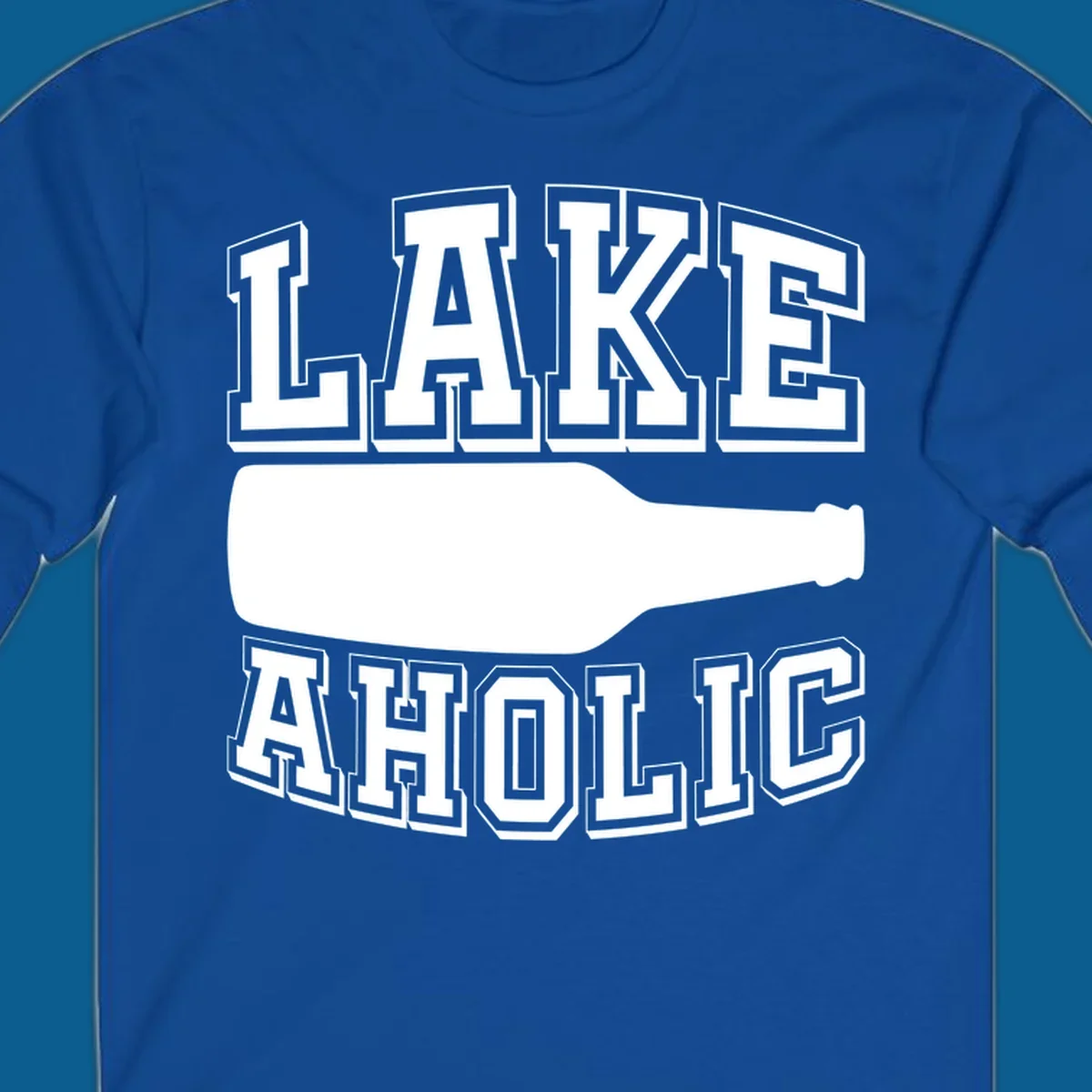 Lakeaholic bottle design with bold text and bottle silhouette.